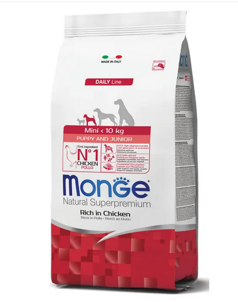 Monge Mini Puppy & Junior Ricco in Pollo Monge Mini Puppy & Junior Ricco in Pollo è un alimento secco completo a base di pollo, per cuccioli di piccola taglia con peso inferiore a 10 kg .