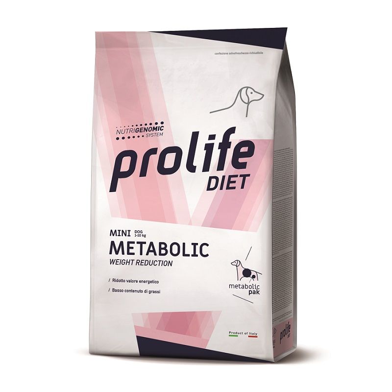 Prolife Vet Dog Metabolic Mini Prolife Vet Dog Metabolic Mini è un alimento secco, completo e dietetico formulato per la riduzione dell’eccesso di peso corporeo in cani di taglia piccola.