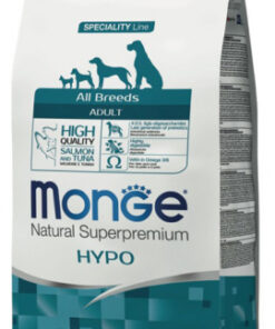 Monge All Breeds Adult Hypo con Salmone e Tonno è un alimento secco dietetico per cani adulti, formulato per la riduzione di intolleranze alimentari.