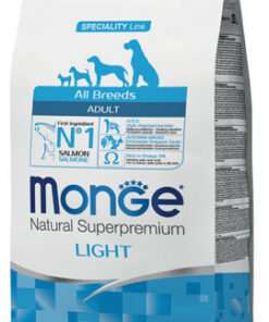Monge All Breeds  Adult Light con Salmone e Riso è un un alimento completo e bilanciato per cani adulti di tutte le razze con tendenza al sovrappeso o con fabbisogni energetici ridott