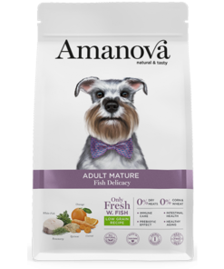 Amanova Mature Pesce Delicacy è un alimento secco per cani con più di 7 anni di età formulato con pesce fresco per inforzare il sistema immunitario.