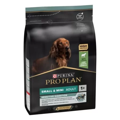 Purina Pro Plan Adult Small Sensitive Digestion Agnello è un alimento secco adatto a cani adulti con sensibilità digestiva, formulato con agnello.