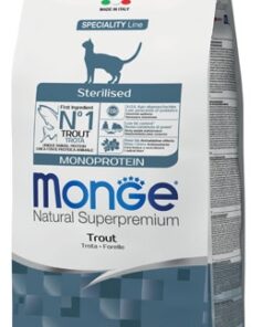 Monge Sterilised Monoprotein Trota è un alimento secco completo formulato per soddisfare le esigenze nutrizionali dei gatti adulti sterilizzati.