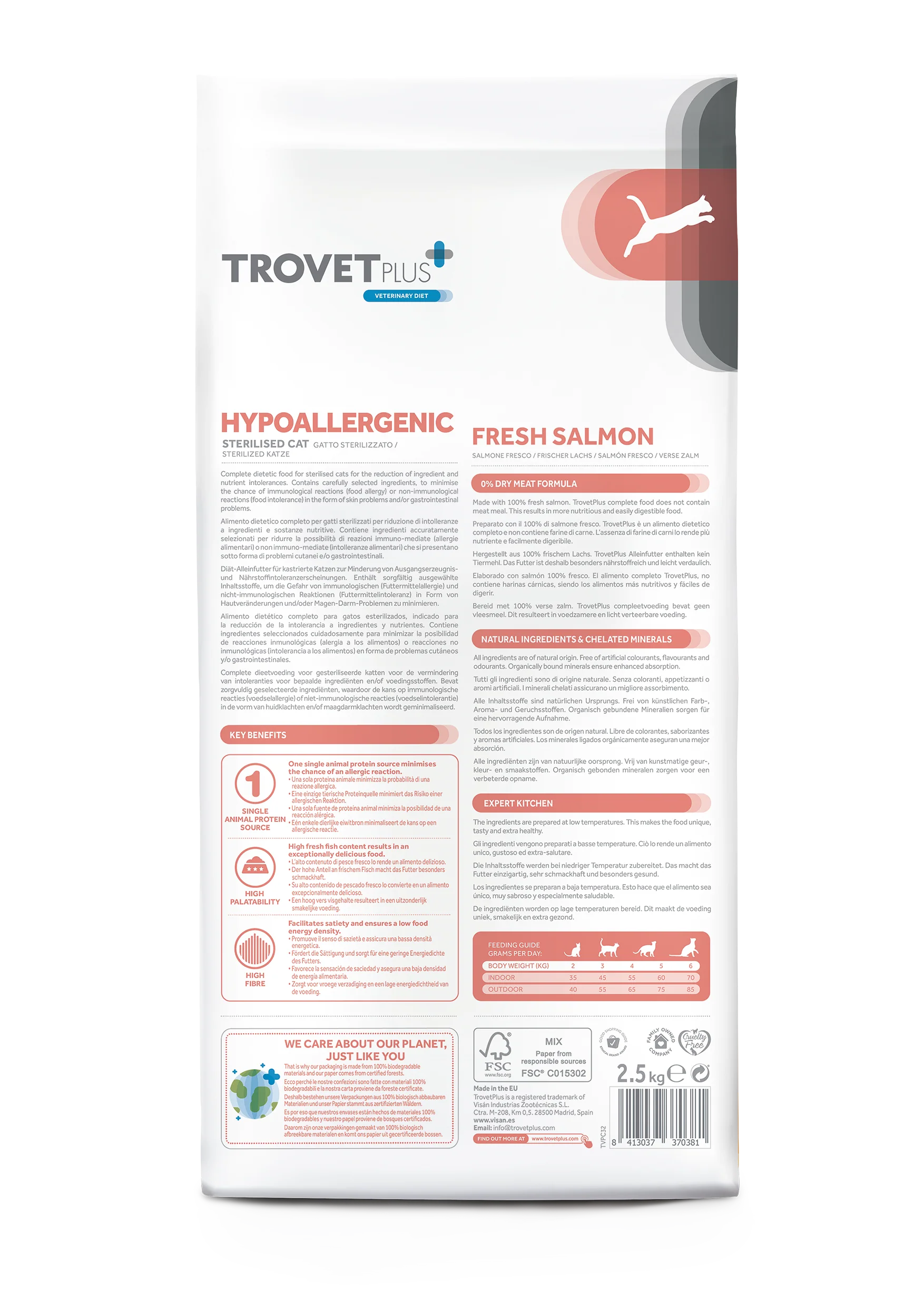 Trovet Salmone Hipoallergenic_ Trovet Sterilised Hypoallergenic Salmone Fresco è un alimento dietetico completo per gatti sterilizzati, progettato per ridurre le intolleranze alimentari.