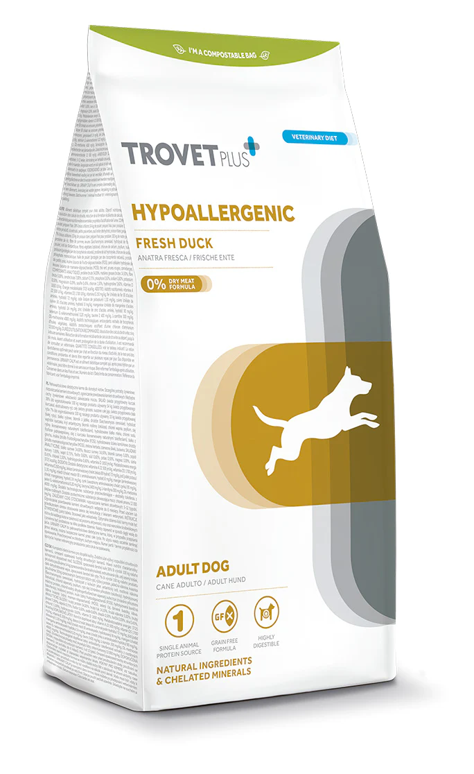 Hypoallergenic_Anatra_ Trovet Trovet Plus Hypoallergenic Adult Anatra è un alimento secco ipoallergenico per cani adulti con allergie o intolleranze alimentari.