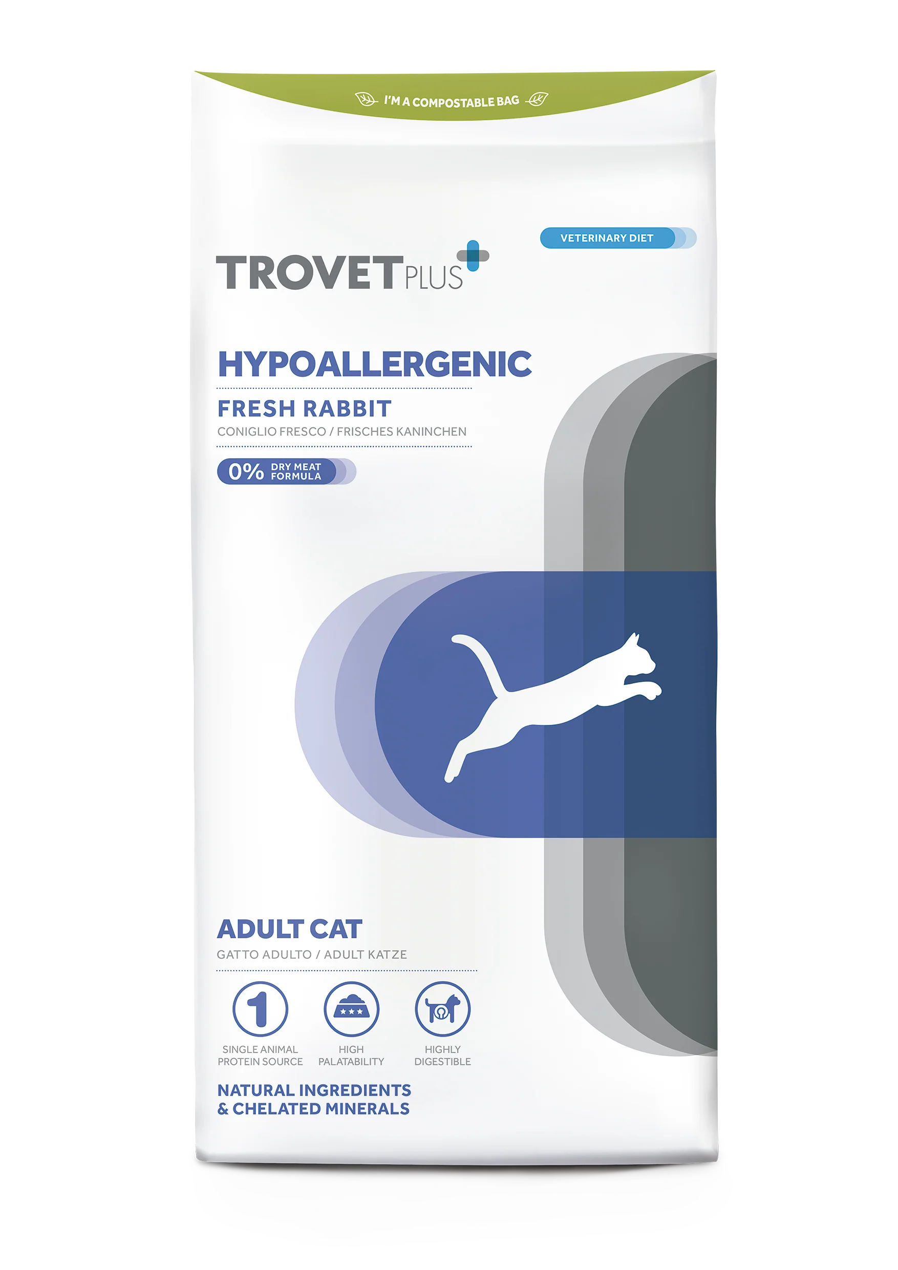 Trovat Hepoallergenic Coniglio Fresco Trovet Hypoallergenic Coniglio Fresco è un alimento per gatti adulti formulato per ridurre le intolleranze alimentari grazie alla sua formula ipoallergenica