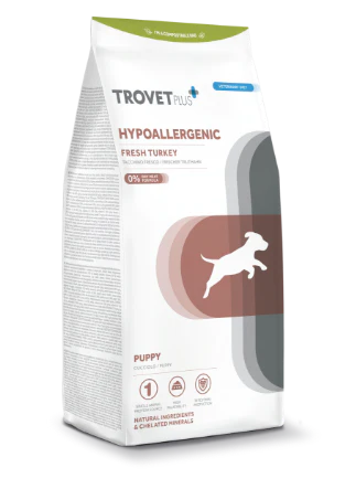Trovet Hypoallergenic Puppy Tacchino Trovet Plus Hypoallergenic Puppy al Tacchino Fresco è un alimento secco ipoallergenico per cuccioli di cane con allergie o intolleranze alimentari.