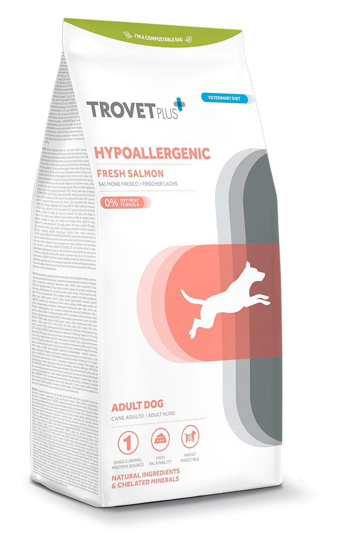 Trovet Plus Hypoallergenic_Salmone Trovet Plus Hypoallergenic Adult al Salmone Fresco è un alimento secco ipoallergenico per cani adulti con allergie o intolleranze alimentari.