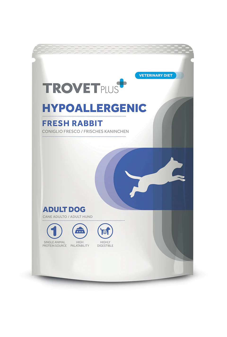 Hypoallergenic Coniglio fresco Trovet Plus Umido Hypoallergenic Adult Umido al Coniglio Fresco è un alimento umido ipoallergenico per cani con allergie o intolleranze alimentari.