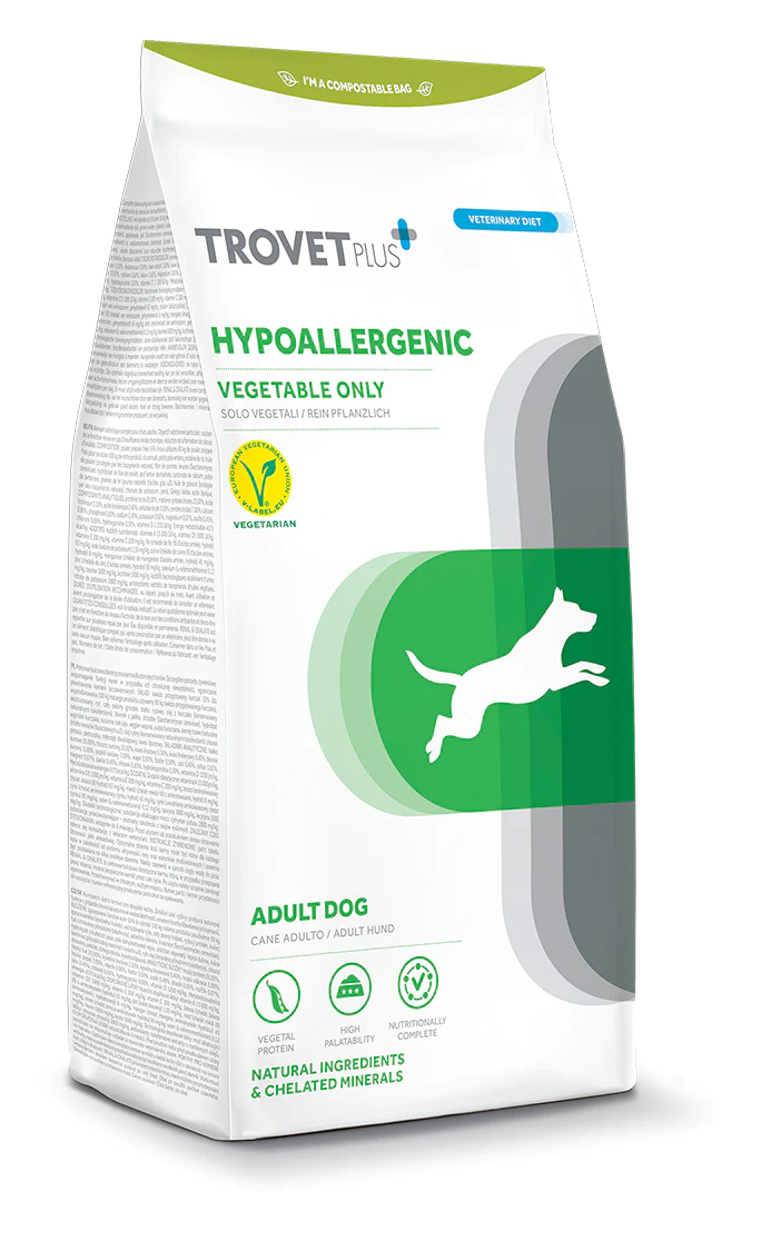 Trovet Plus Hypoallergenic Solo Vegetali Trovet Plus Hypoallergenic Solo Vegetali è un alimento secco ipoallergenico a base di vegetali e ortaggi adatto a cani adulti con allergie alimentari.
