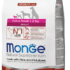 Monge Extra Small Adult Agnello,Riso e Patate è un alimento secco completo adatto a cani adulti di taglia extra small, a base di carne di agnello fresca.