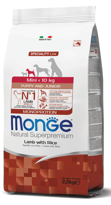 monge_cane_secco_mini_puppy_e_junior_agnello_e_riso Monge Mini Puppy & Junior Monoprotein Agnello è un alimento secco completo formulato per cuccioli di cani di taglia piccola, con peso inferiore a 10 kg.