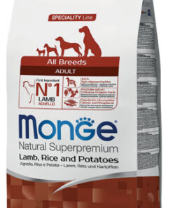 Monge All Breeds Adult Monoprotein Agnello, Riso e Patate è un alimento secco monoproteico a base di agnello, adatto a cani adulti di tutte le taglie.