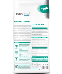 Trovet Plus Weight & Diabetic Pollo Fresco  è un alimento secco dietetico appositamente formulato per supportare il controllo del peso, dei livelli di zucchero nel sangue per la gestione del diabete nei cani adulti.