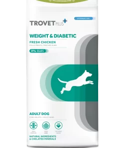 Trovet Plus Weight & Diabetic Pollo Fresco  è un alimento secco dietetico formulato per supportare il controllo del peso, dei livelli di zucchero nel sangue per la gestione del diabete nei cani adulti.