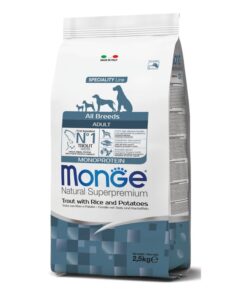 Monge All Breeds Adult Monoprotein Trota, Riso e Patate  è un alimento secco  monoproteico completo e di alta qualità appositamente formulato per cani adulti di tutte le taglie.