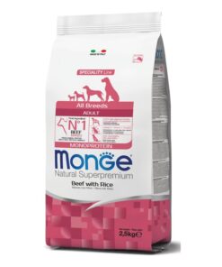 Monge All breeds Adult Monoprotein Manzo con Riso è un alimento secco monoproteicoformulato per cani adulti di tutte le taglie con sensibilità alimentari.