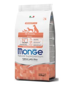 Monge All Breeds Adult Monoprotein Salmone e Riso è un alimento secco completo monoproteico a base di salmone formulato per cani adulti di tutte le taglie.