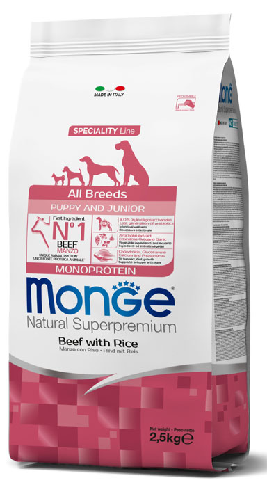 monge_cane_secco_all_breeds_puppy_e_junior_manzo Monge All Breeds Puppy & Junior Monoprotein Manzo e Riso è un alimento secco monoproteico a base di manzo e riso adatto a cuccioli di tutte le razze.